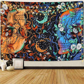 Lofaris Death Gaze Floral Orange Blue Skull Moon Tapestry